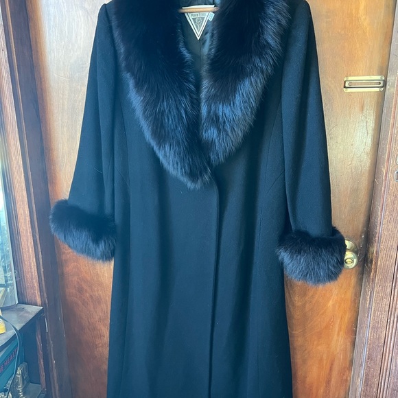 Luxury Long Swing Coat Marvin Richards Vintage Black Wool Fox Fur Trim - Picture 2 of 14